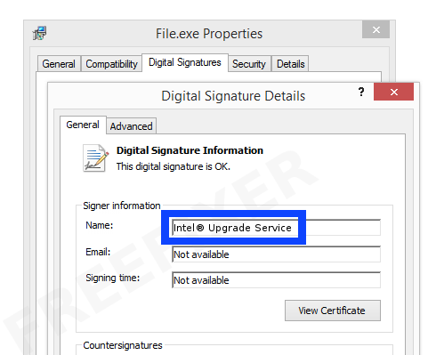 Screenshot of the Intel® Upgrade Service certificate